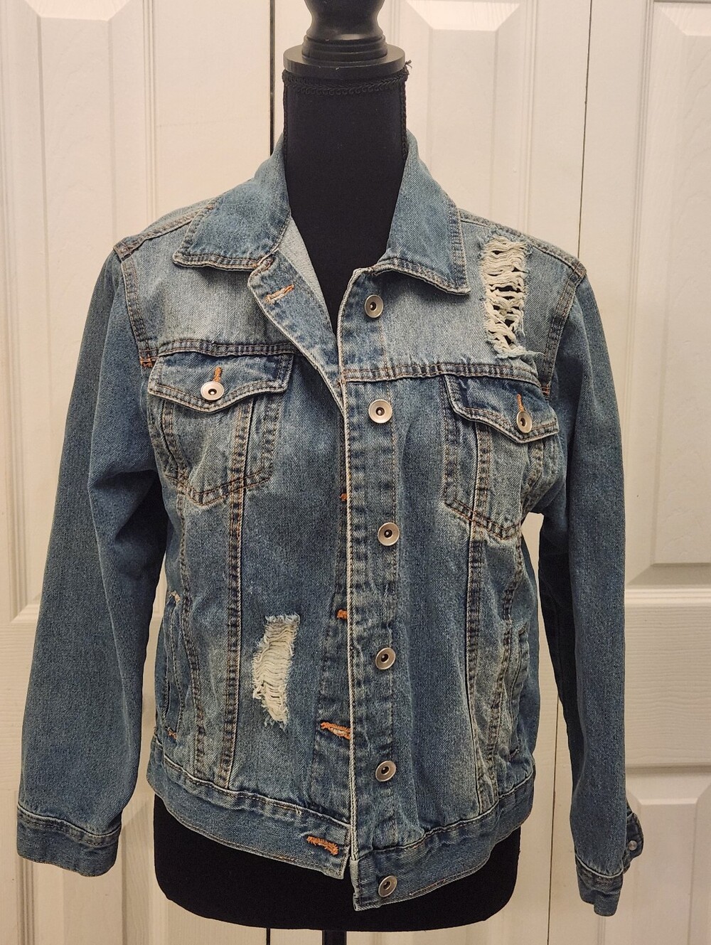 New Look Adorable Distressed Blue Denim Jacket - Classic Women's Jean Jacket